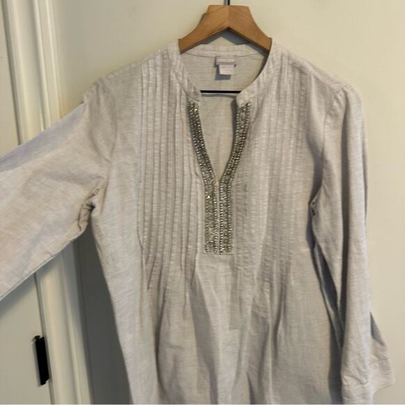 Chico’s Gray Linen Cotton Diamond Embellished Top Blouse 1 Medium - Picture 11 of 13